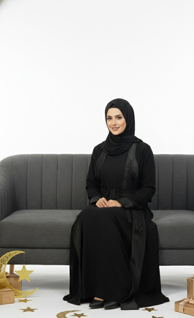 Premium Black Open Front Abaya with Elegant Embroidered Panels