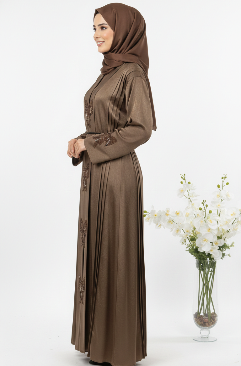 Elegant Mocha Brown Work Abaya with Waist Tie Detail