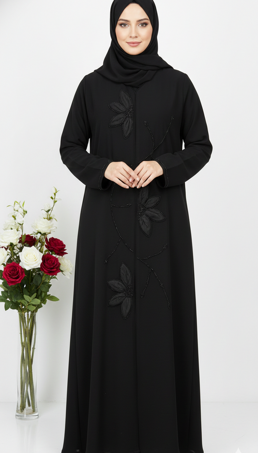 Black Floral Embroidered Elegant Abaya