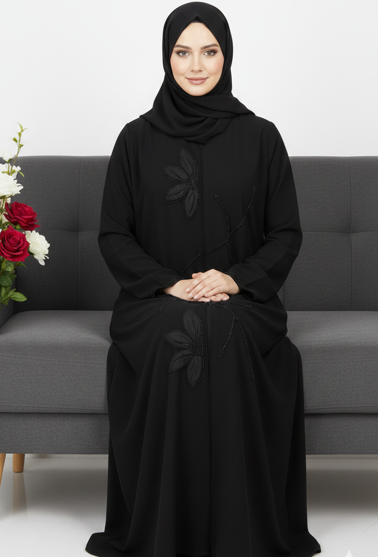 Black Floral Embroidered Elegant Abaya