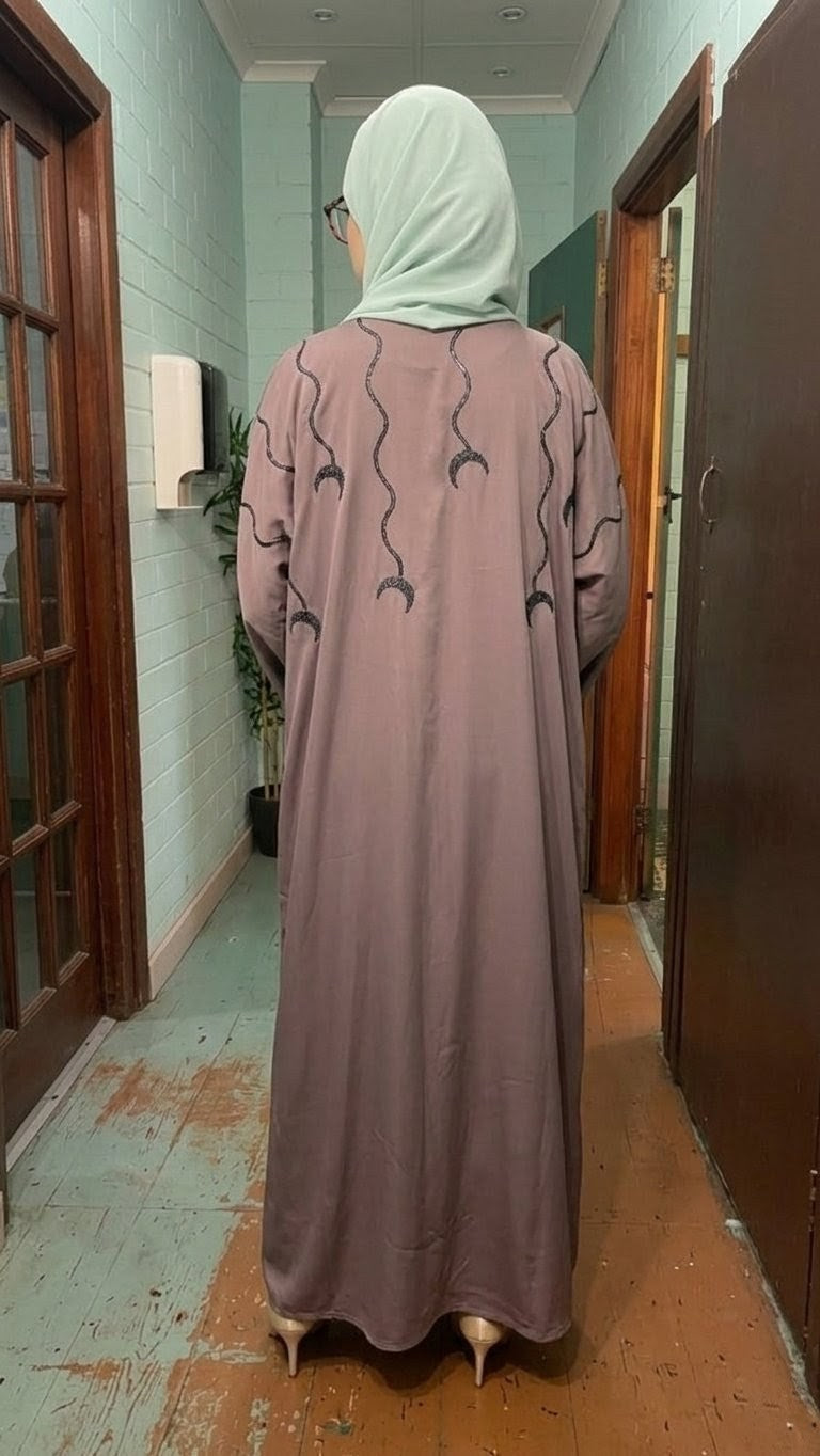 Mocha Crescent Embroidered Abaya with Black Dupatta