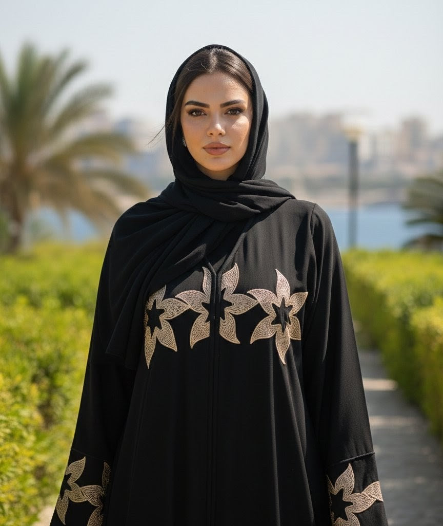 Black Abaya with Golden Floral Embroidery