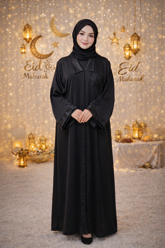 Luxe Black Abaya with Floral Embroidery β Premium Korean Nida Fabric