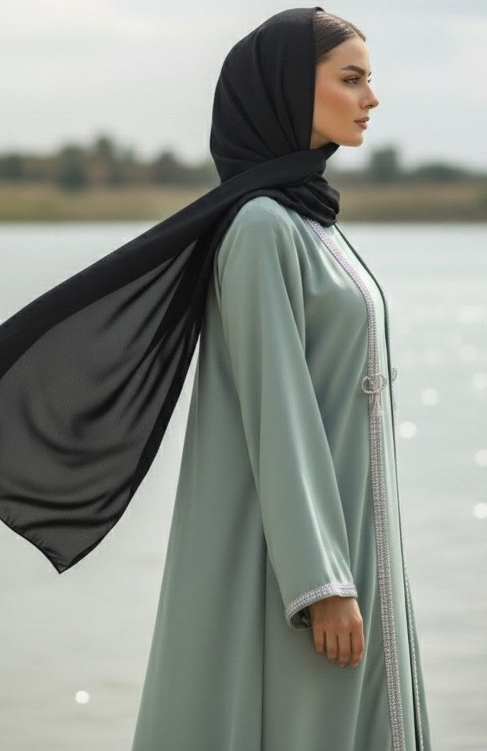 Sage Green Elegant Embellished Abaya with Front Detailing