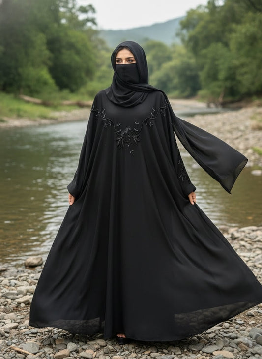 Midnight Grace Korean Nida Fabric Embroidered Abaya with Matching Dupatta