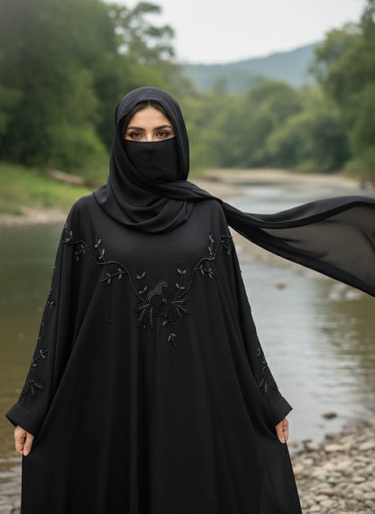 Midnight Grace Korean Nida Fabric Embroidered Abaya with Matching Dupatta