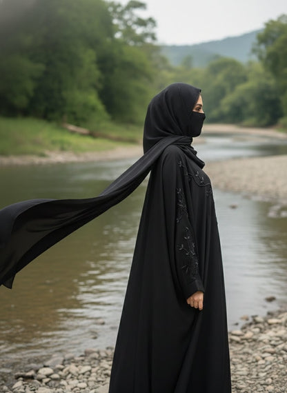 Midnight Grace Korean Nida Fabric Embroidered Abaya with Matching Dupatta