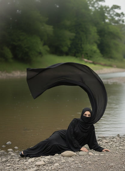 Midnight Grace Korean Nida Fabric Embroidered Abaya with Matching Dupatta