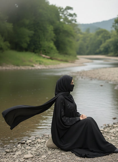 Midnight Grace Korean Nida Fabric Embroidered Abaya with Matching Dupatta