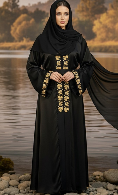 Classic Black Abaya with Gold Embroidered Front Panel
