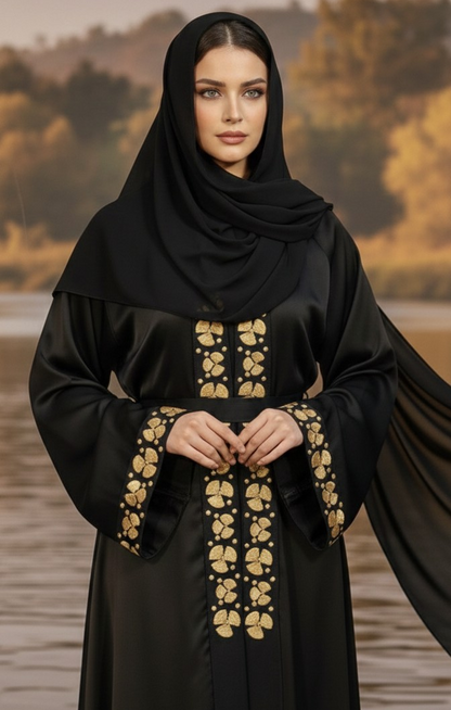 Classic Black Abaya with Gold Embroidered Front Panel