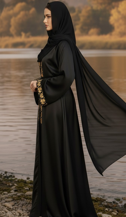 Classic Black Abaya with Gold Embroidered Front Panel