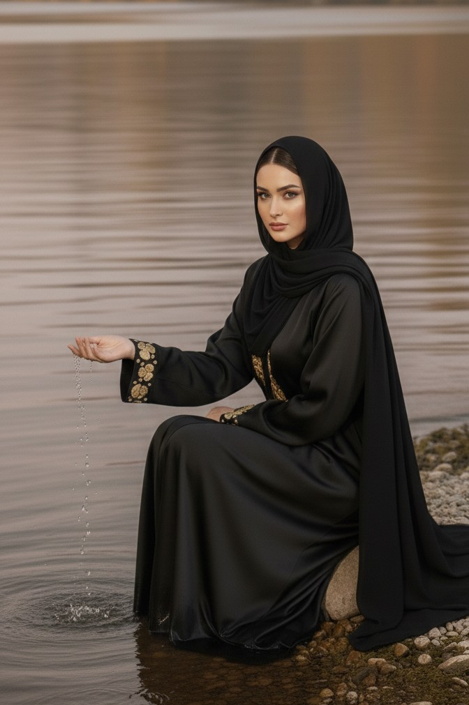 Classic Black Abaya with Gold Embroidered Front Panel