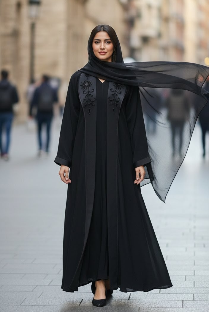 Elegant Black Open Abaya with Subtle Embroidered Panels