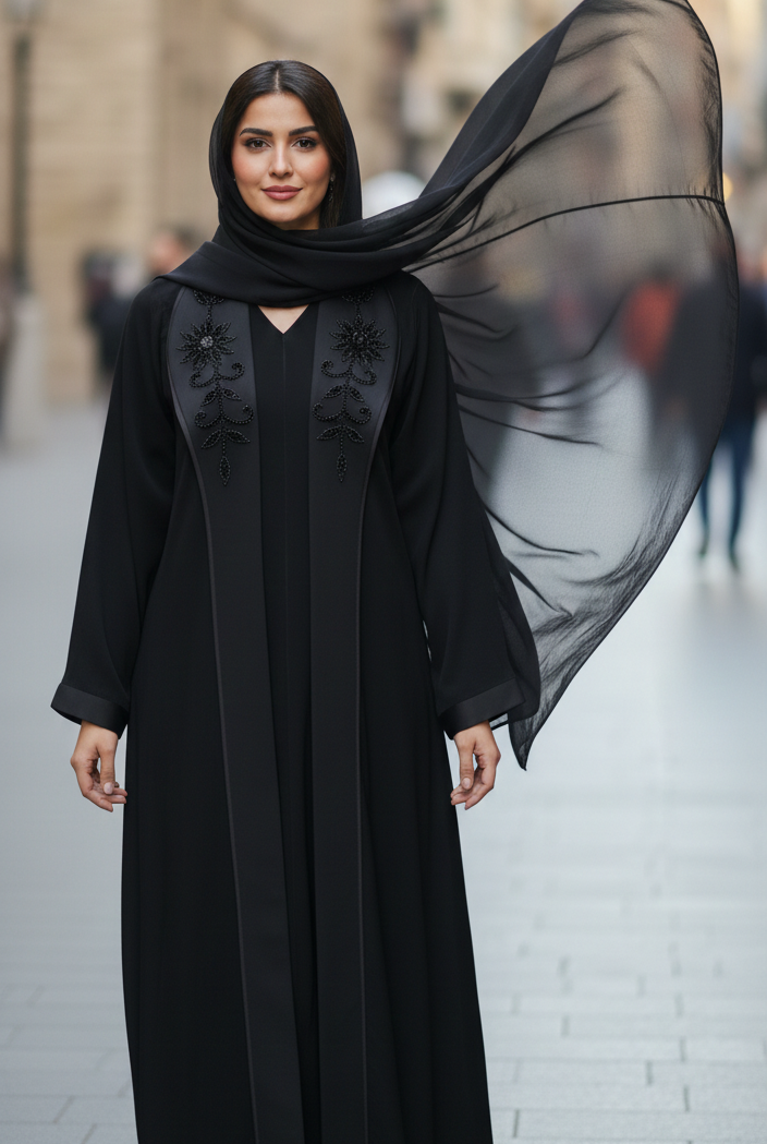 Elegant Black Open Abaya with Subtle Embroidered Panels