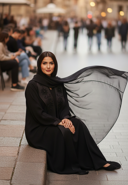 Elegant Black Open Abaya with Subtle Embroidered Panels