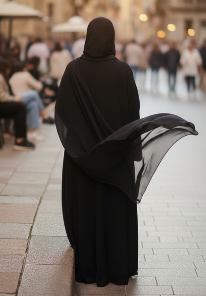 Elegant Black Open Abaya with Subtle Embroidered Panels