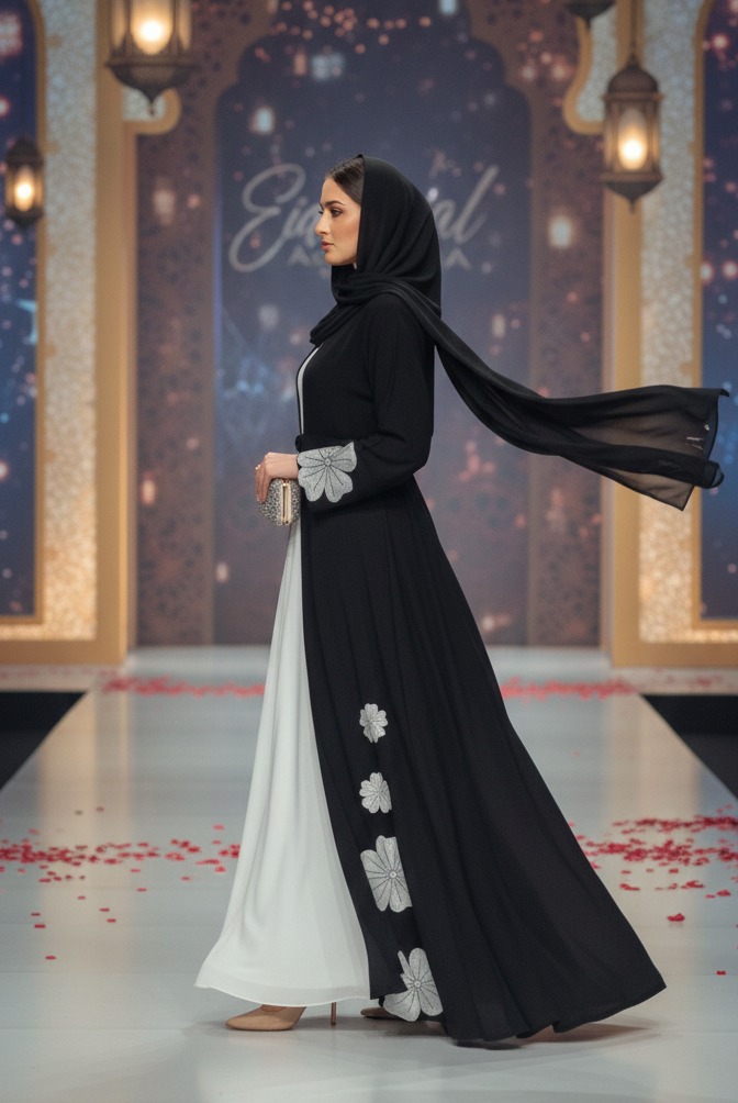 Luxury Black & White Floral Open Abaya – Eid Special Edition