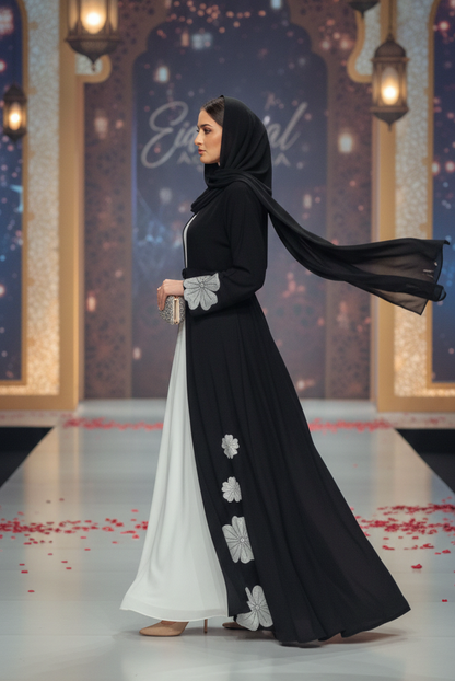 Luxury Black & White Floral Open Abaya – Eid Special Edition