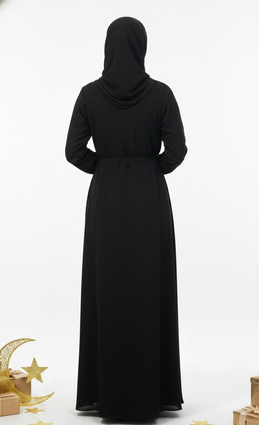 Premium Black Open Front Abaya with Elegant Embroidered Panels