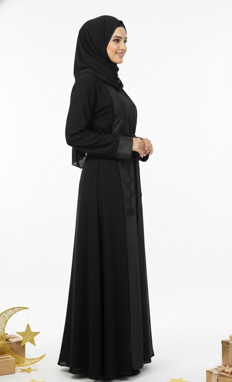 Premium Black Open Front Abaya with Elegant Embroidered Panels