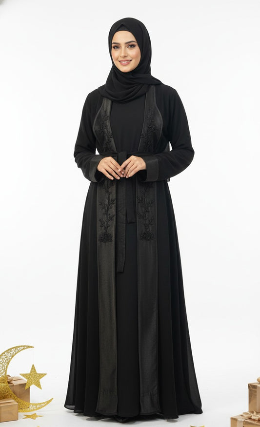 Premium Black Open Front Abaya with Elegant Embroidered Panels