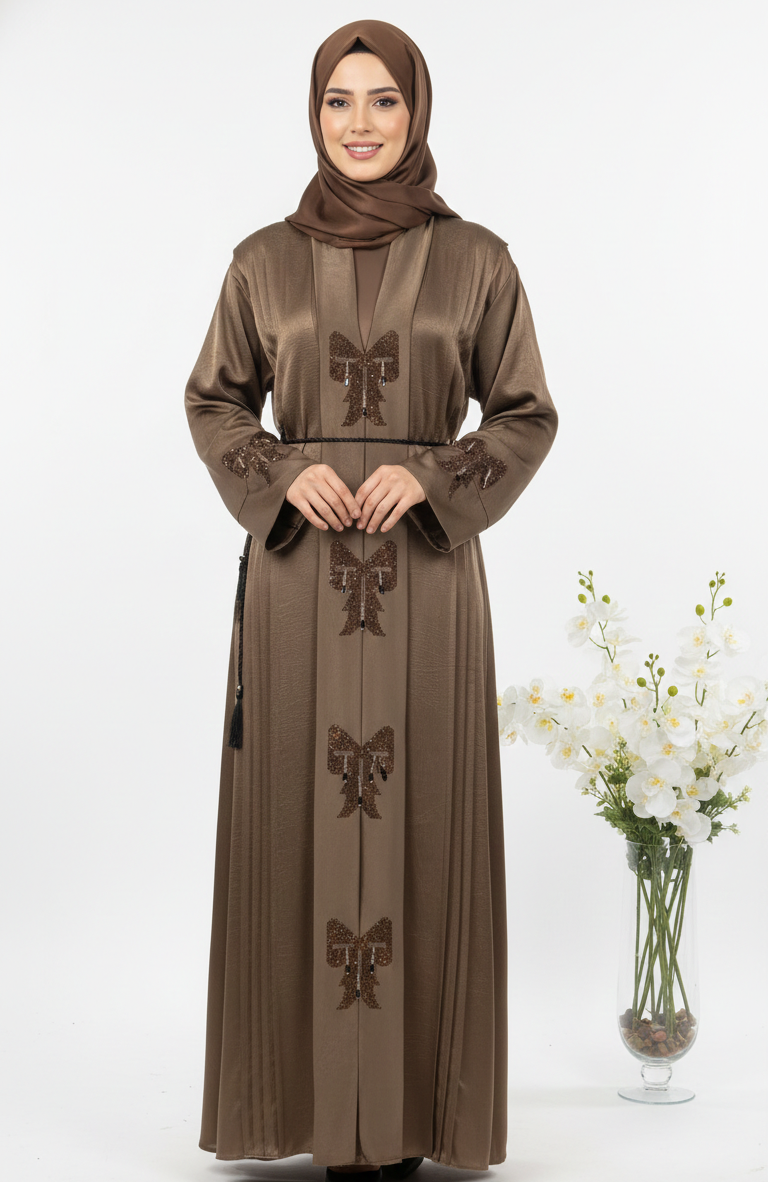 Elegant Mocha Brown Work Abaya with Waist Tie Detail