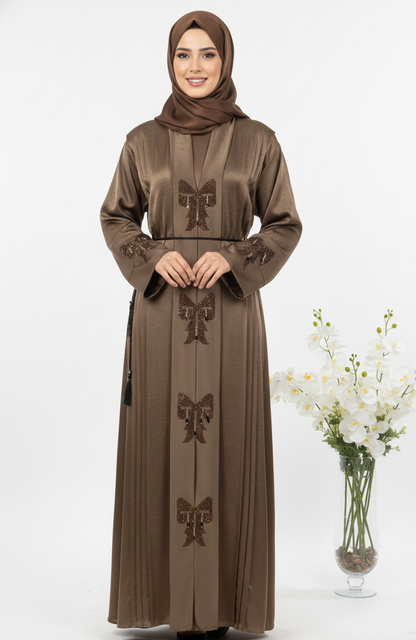 Elegant Mocha Brown Work Abaya with Waist Tie Detail