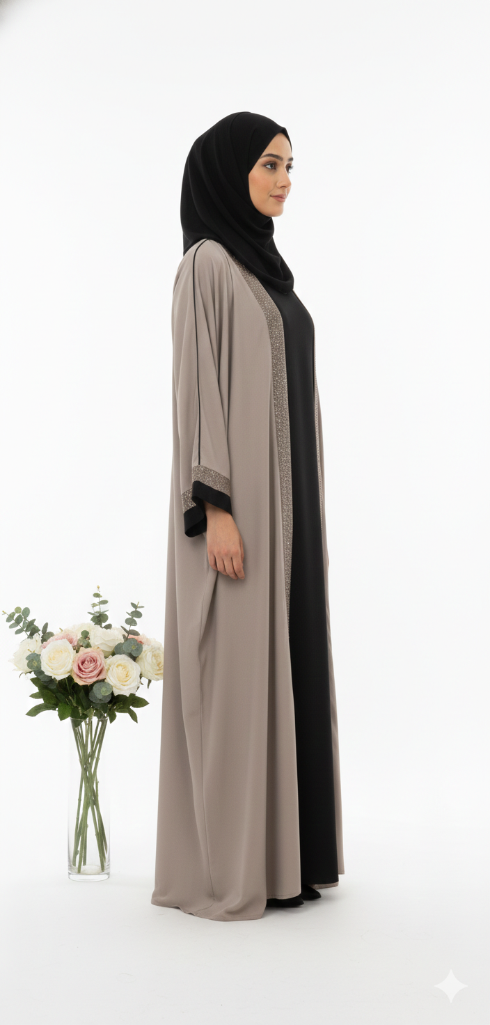 Desert Elegance Open Abaya – Taupe with Black