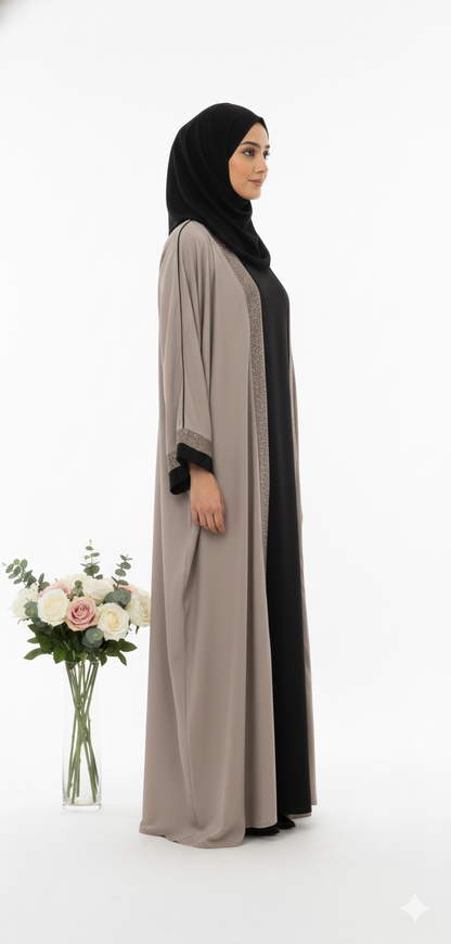 Desert Elegance Open Abaya – Taupe with Black