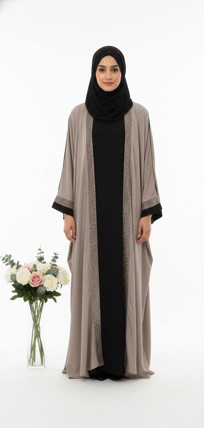 Desert Elegance Open Abaya – Taupe with Black
