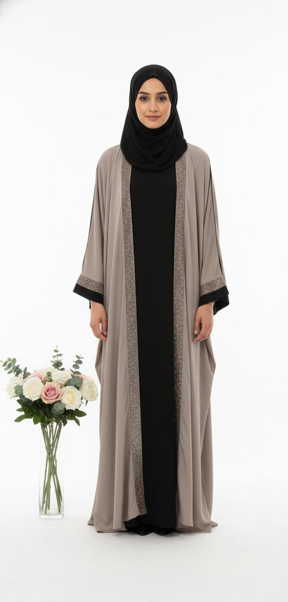 Desert Elegance Open Abaya – Taupe with Black
