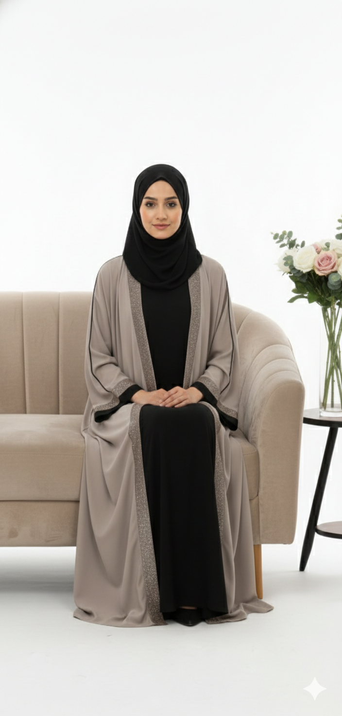 Desert Elegance Open Abaya – Taupe with Black