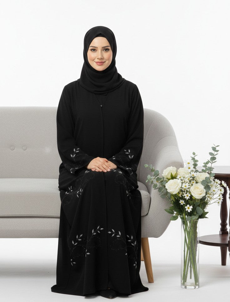 Midnight Elegance Embroidered Abaya – Premium Korean Nida