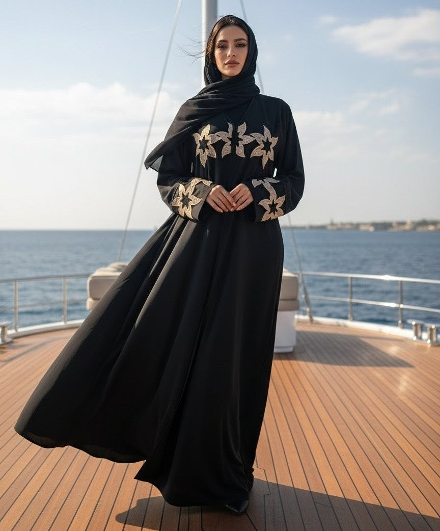 Black Abaya with Golden Floral Embroidery