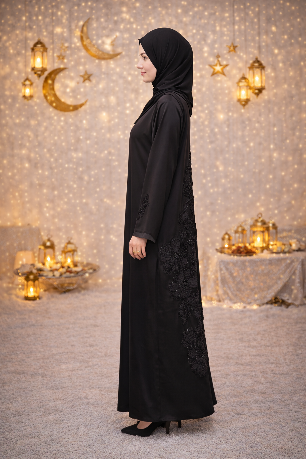 Luxe Black Abaya with Floral Embroidery – Premium Korean Nida Fabric