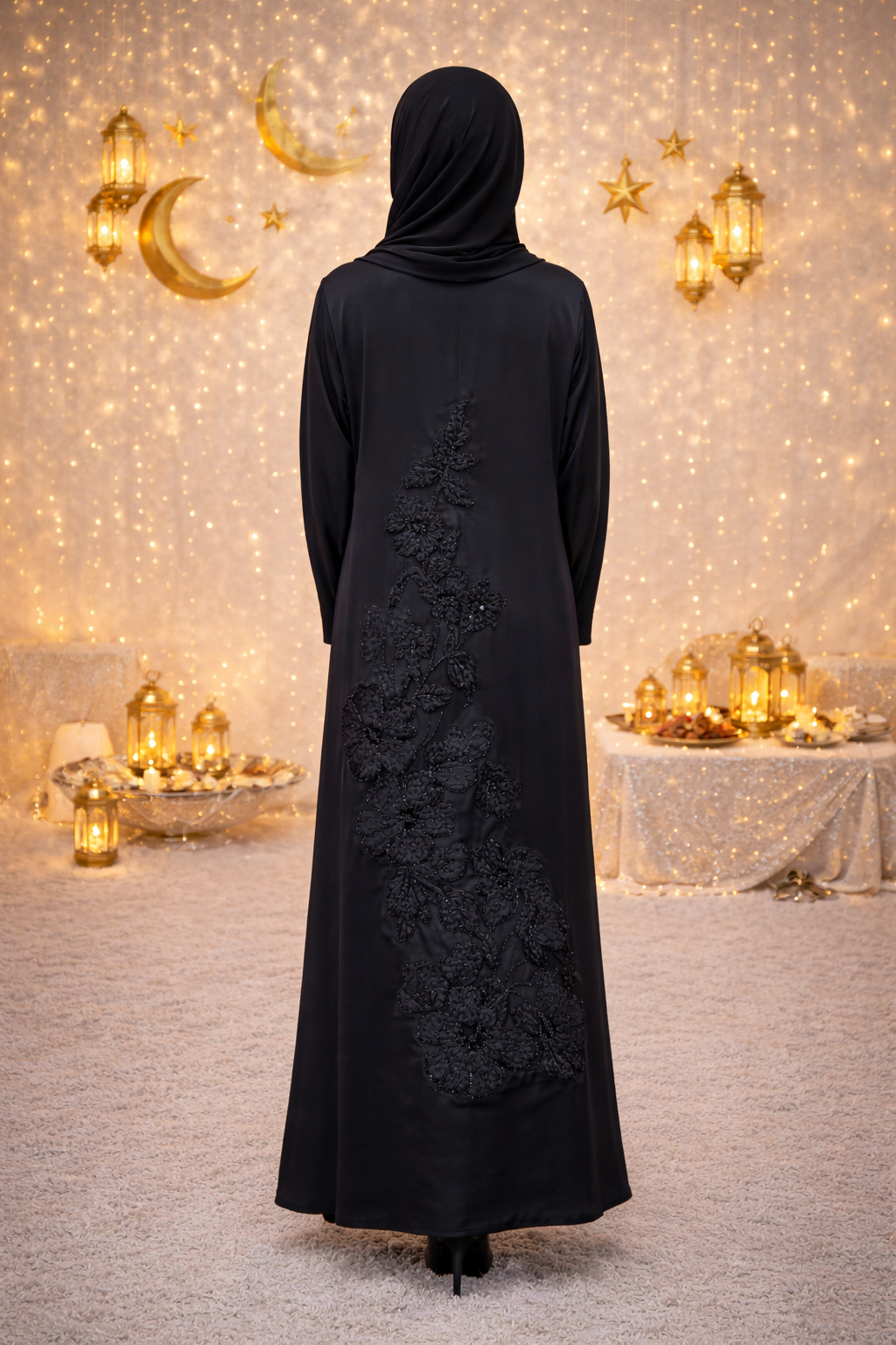 Luxe Black Abaya with Floral Embroidery – Premium Korean Nida Fabric