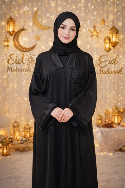 Luxe Black Abaya with Floral Embroidery – Premium Korean Nida Fabric