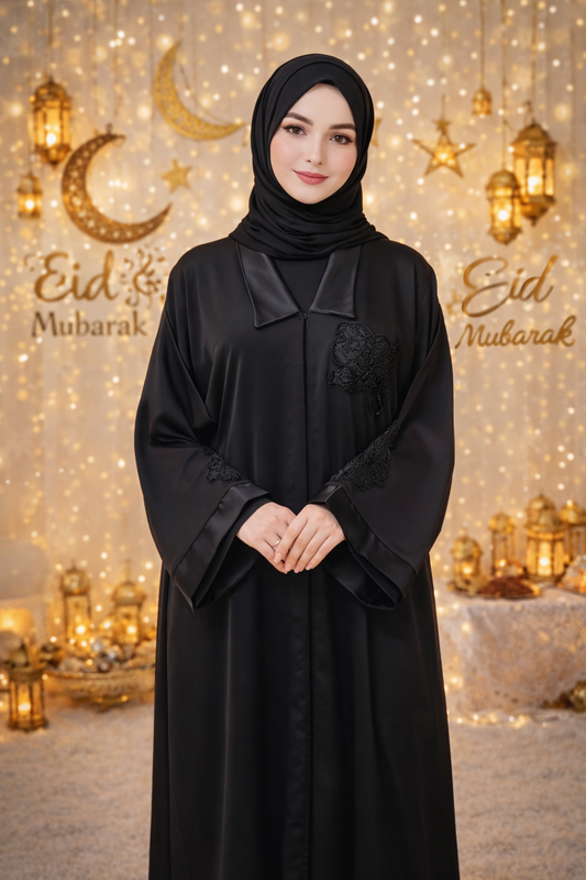 Luxe Black Abaya with Floral Embroidery – Premium Korean Nida Fabric