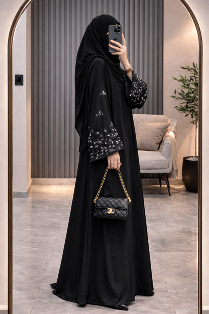 Noir Bloom Korean Nida Abaya Set with Black Dupatta
