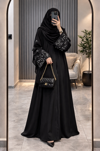 Noir Bloom Korean Nida Abaya Set with Black Dupatta