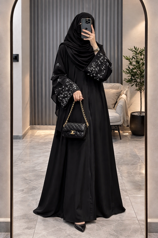 Noir Bloom Korean Nida Abaya Set with Black Dupatta