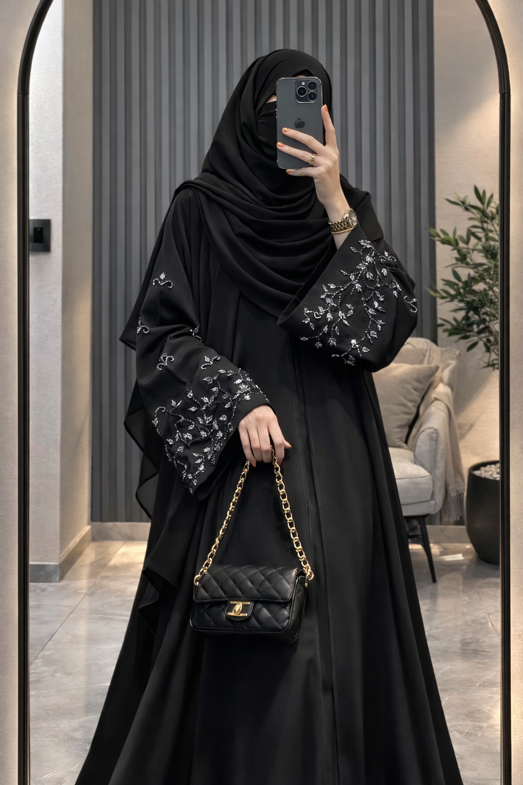 Noir Bloom Korean Nida Abaya Set with Black Dupatta