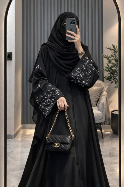 Noir Bloom Korean Nida Abaya Set with Black Dupatta