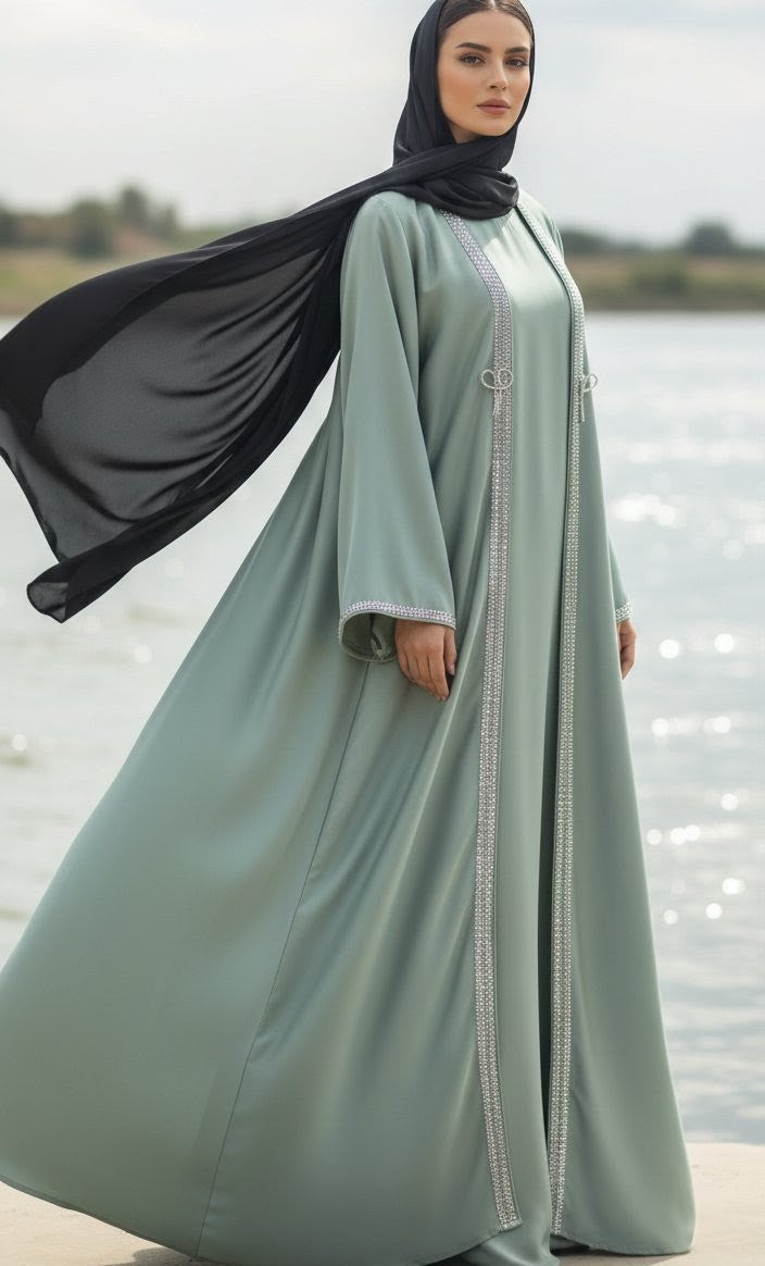 Sage Green Elegant Embellished Abaya with Front Detailing