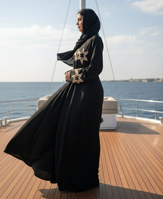 Black Abaya with Golden Floral Embroidery