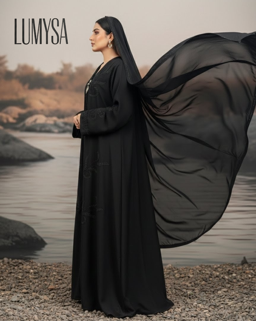Midnight Grace Flowing Burqa with Elegant Dupatta