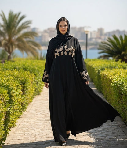 Black Abaya with Golden Floral Embroidery