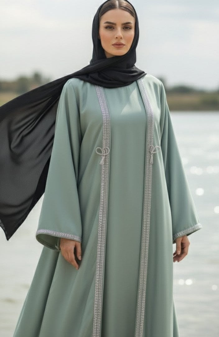 Sage Green Elegant Embellished Abaya with Front Detailing