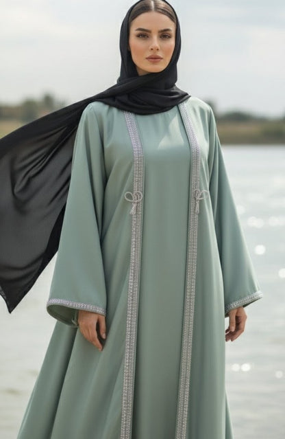Sage Green Elegant Embellished Abaya with Front Detailing